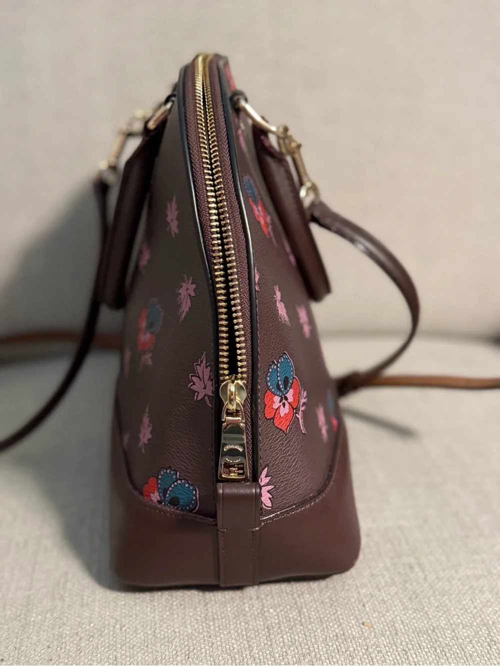 Coach Sierra Satchel Floral Print Oxblood Brown Crossbody F11919 Leather Trim